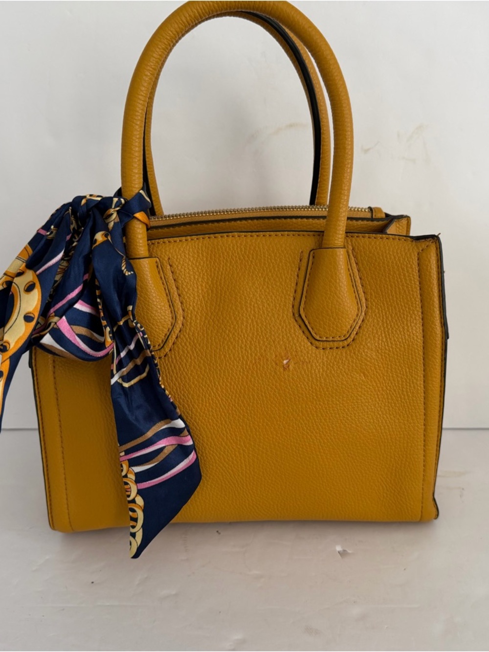 Aldo Mustard Yellow Pebbled Leather Satchel with Scarf Accent - Picture 3 of 10